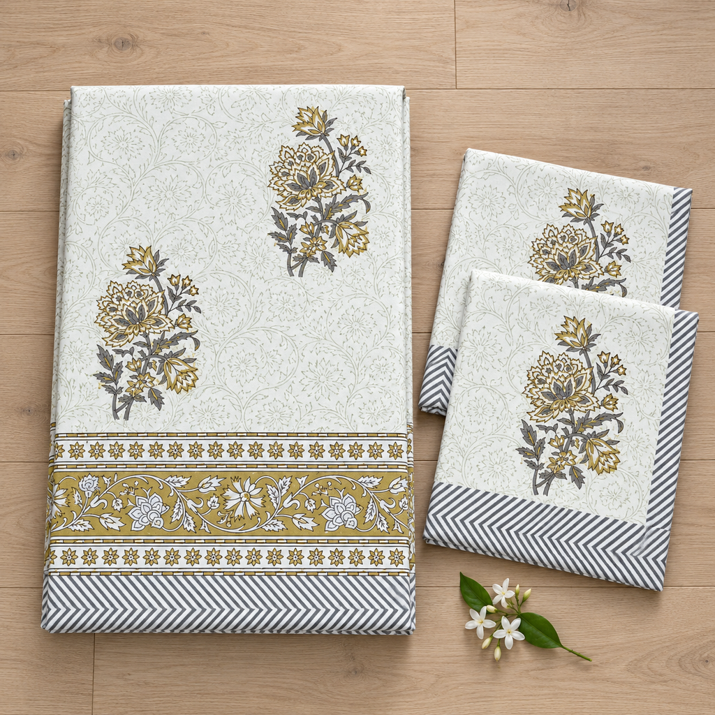 Grey Gold Floral Bedsheet Set, folded with its pillow covers