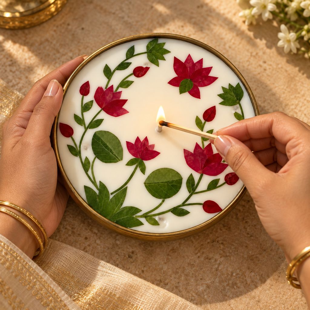 Lotus Soy Wax Candle in a Brass Urli, 6 in, being lit by hand