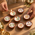 Small Soy Wax Diyas with Flower Petals, Set of 8, being lit by hand