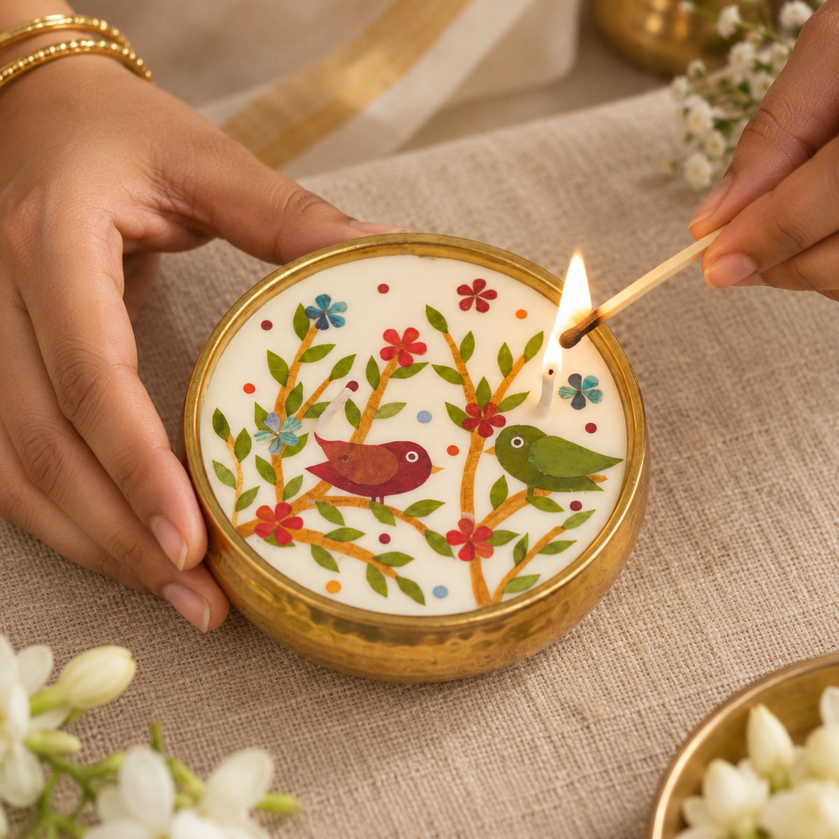 Bird Motif Soy Wax Candle in a Brass Urli, 4 in, being lit by hand
