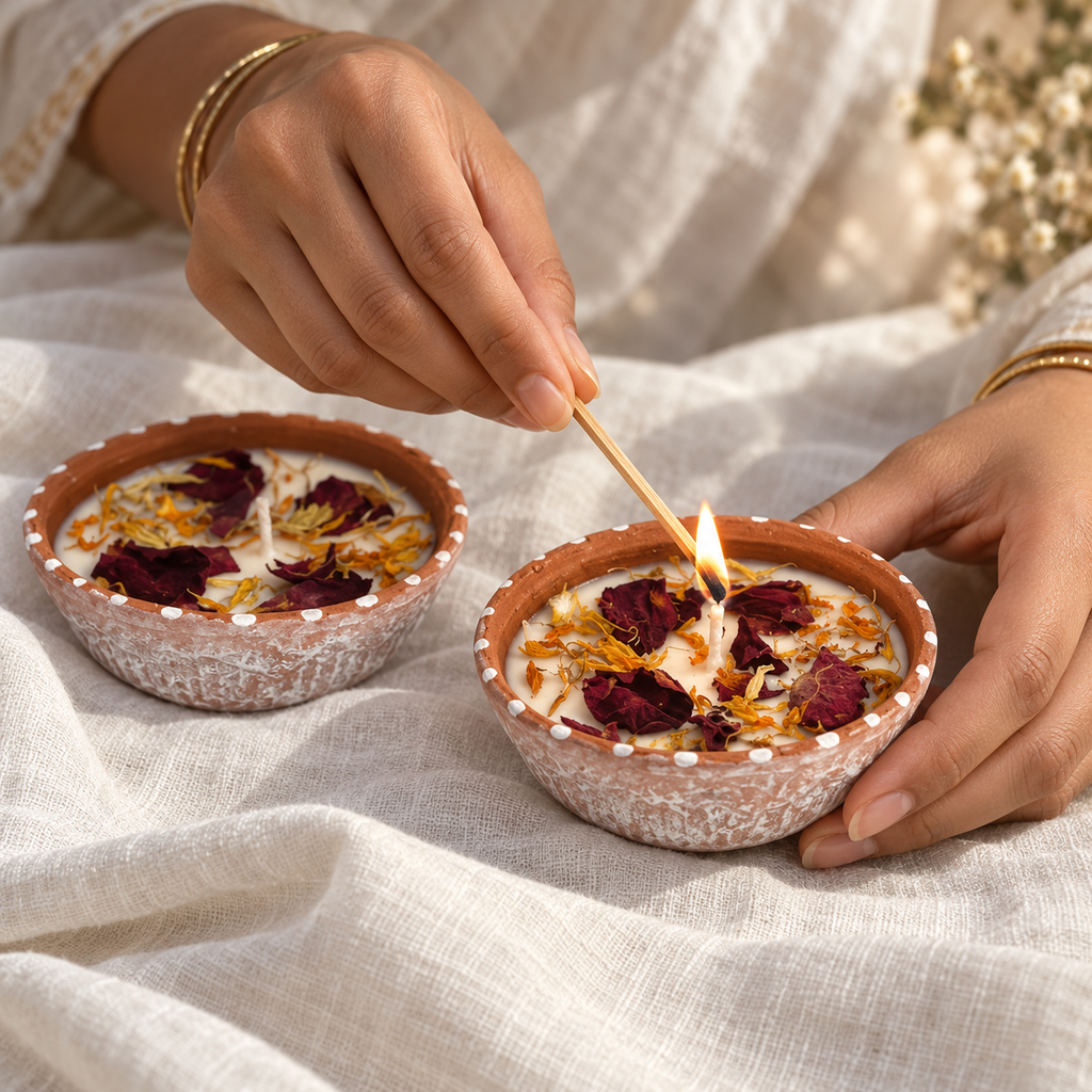 Rose and Marigold Soy Wax Candles in Terracotta, Set of 2, being lit by hand