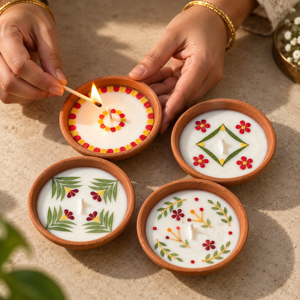 Medium Soy Wax Diyas with Flower Petals, Set of 4, being lit by hand