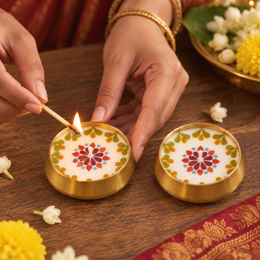 Pressed-Flower Brass Urli Candles, Set of 2, being lit by hand