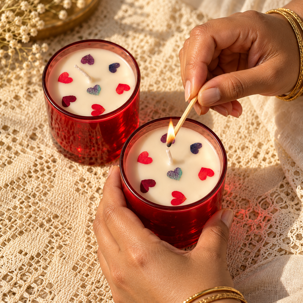 Red Soy Wax Candles with Dried-Rose Hearts, Set of 2, being lit by hand
