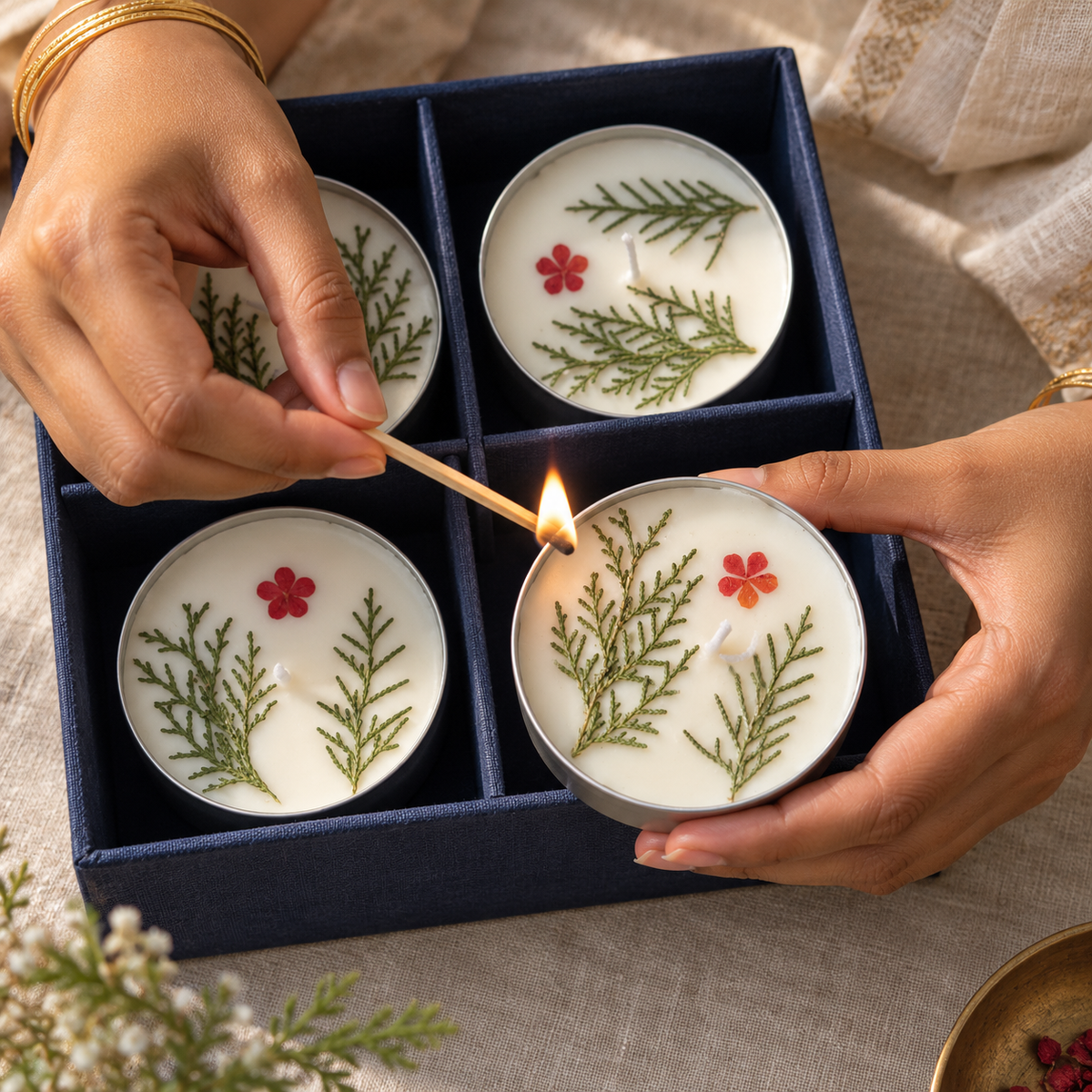 Lemongrass Soy Wax Tin Candles with Dried Flowers, Set of 4, being lit by hand