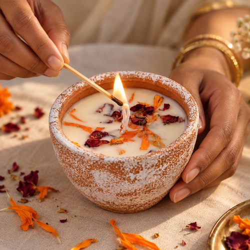 Gratitude Candle in a White-Glazed Terracotta Pot, being lit by hand