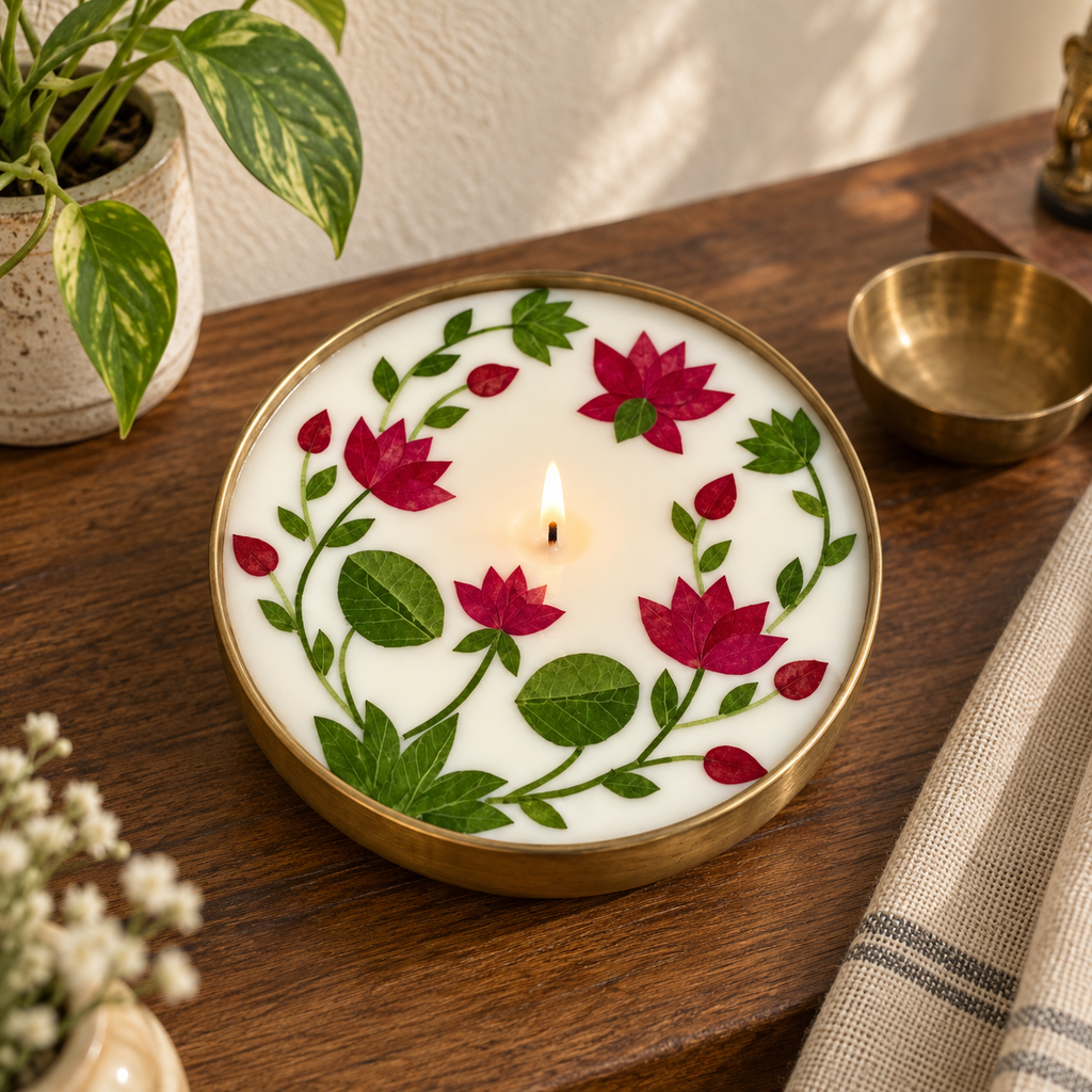 Lotus Soy Wax Candle in a Brass Urli, 6 in, on a teak console in daylight