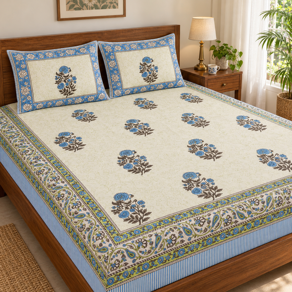 Blue Floral Buta Bedsheet Set, on a made double bed in a bright bedroom