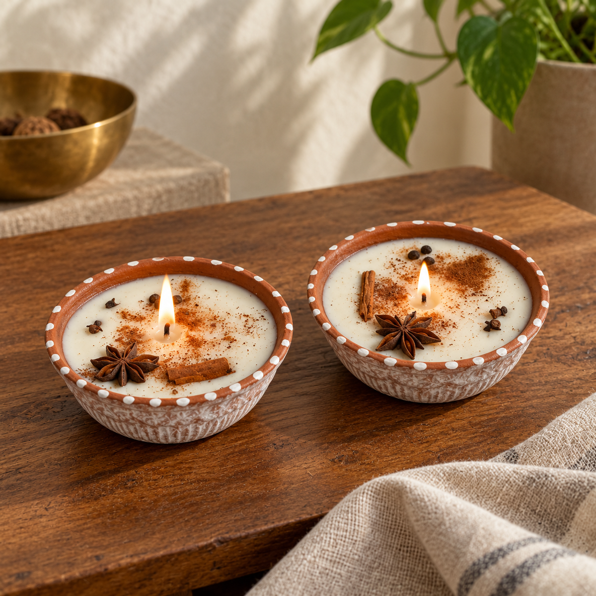Whole-Spice Soy Wax Candles in Terracotta, Set of 2, on a teak console in daylight