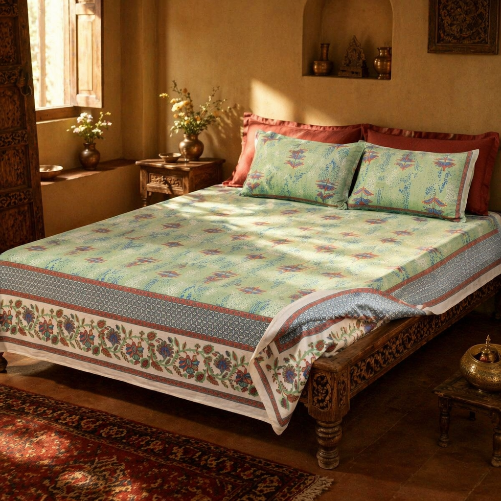 Firozi Bagh: Hand Block-Printed Cotton Bed Cover, 90 x 108 in, The Linen Room. Handmade in India by House of Taraasha.