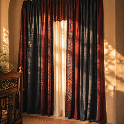 Chintz Assorted Set Maroon, Navy and Ivory Cotton Curtains, The Draped Window. Handmade in India by House of Taraasha.