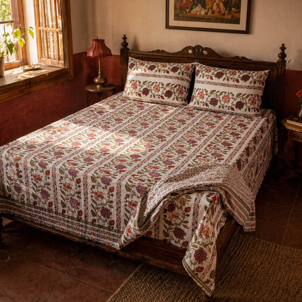 Bel Bagh — Hand Block-Printed Cotton Bedsheet, King Size with 2 Pillow Covers, The Linen Room. Handmade in India by House of Taraasha.