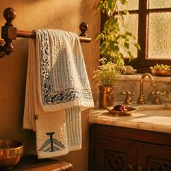 Evergreen Floral White and Blue Block-Printed Towels, The Linen Room. Handmade in India by House of Taraasha.