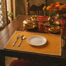 Crochet-Edged Table Mats Mustard and Off-White, The Gathered Table. Handmade in India by House of Taraasha.