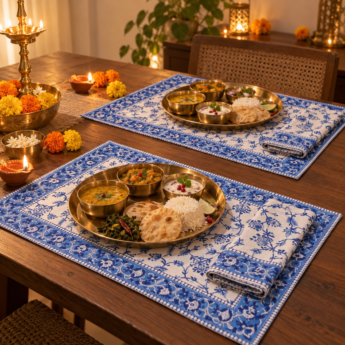 Blue Vine Floral Placemat and Napkin Set of 12, set for a Diwali meal with brass thalis and diyas