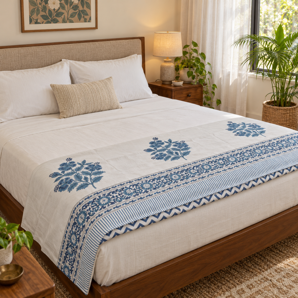 Blue Floral Buta Dohar, folded at the foot of a made bed