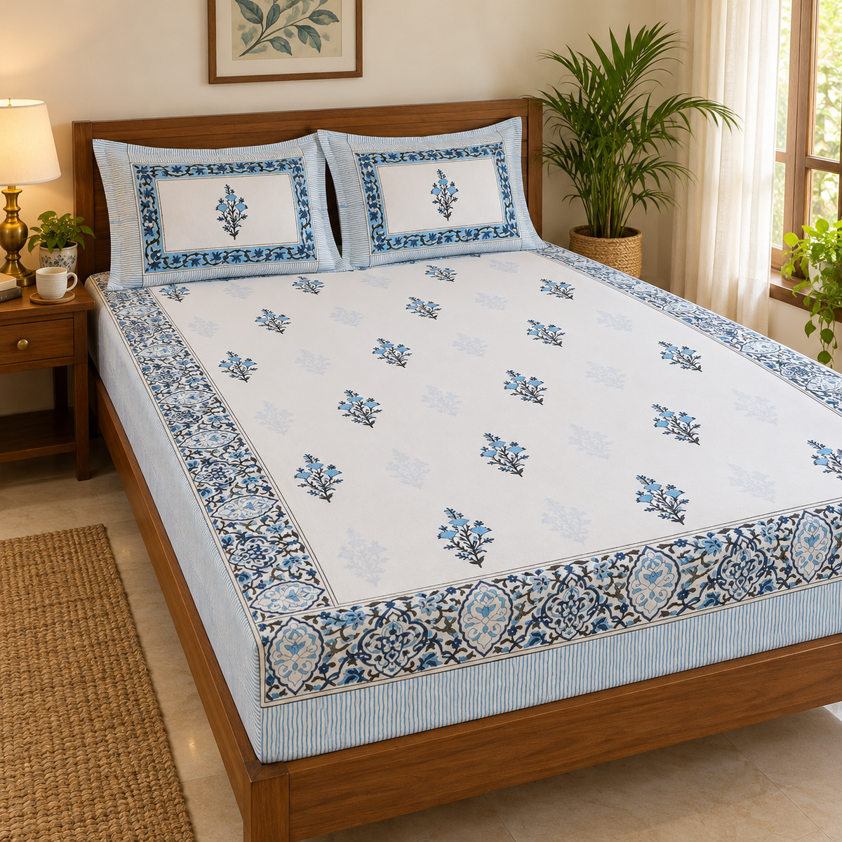 Blue Floral Buta Bedsheet Set, on a made double bed in a bright bedroom