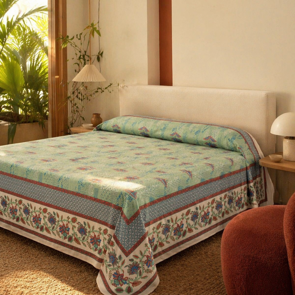 Firozi Bagh: Hand Block-Printed Cotton Bed Cover, 90 x 108 in, The Linen Room. Handmade in India by House of Taraasha.