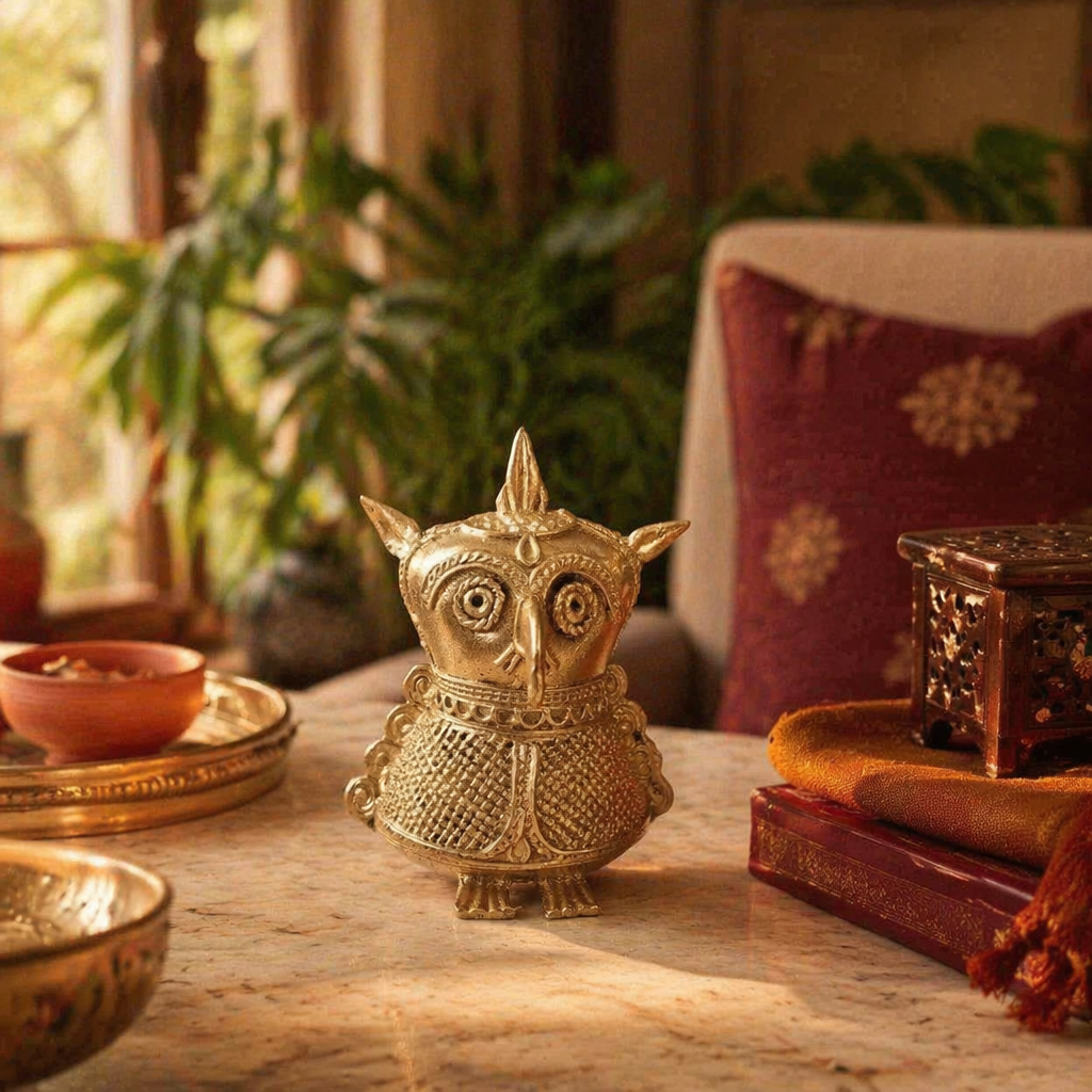 Uluka — Dhokra Brass Owl Figurine, Lost-Wax Cast, Tribal Stories. Handmade in India by House of Taraasha.