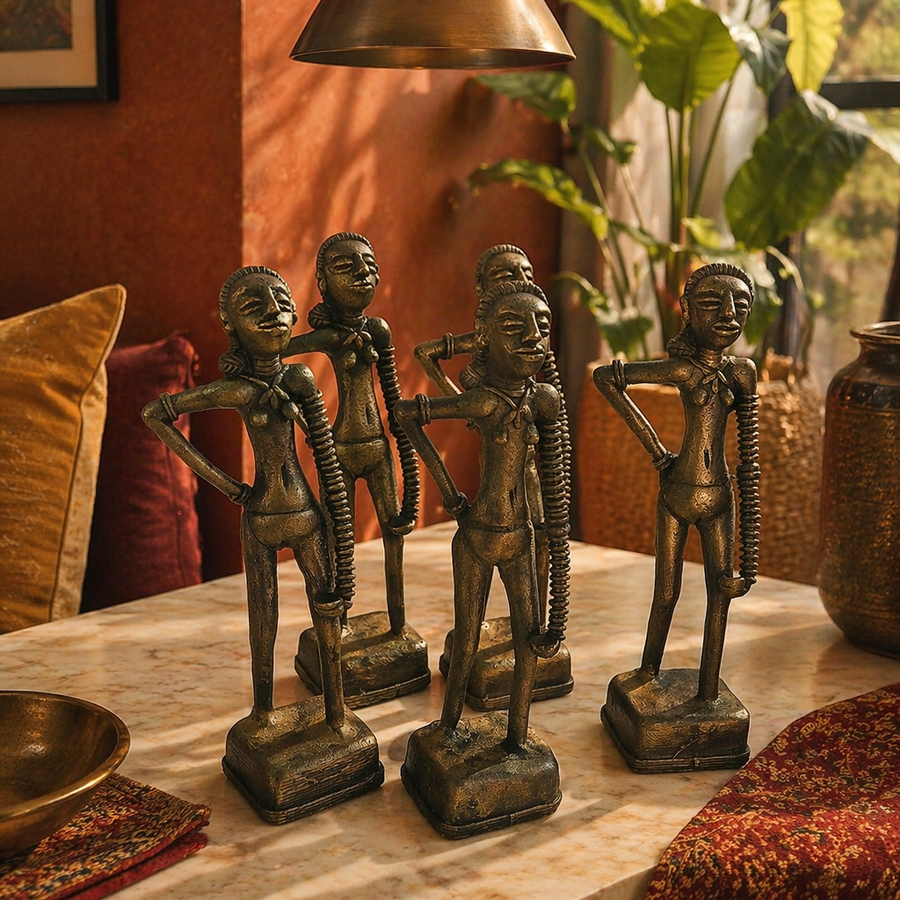 Nartaki — Mohenjo-daro Dancing Girl Statue in Dhokra Brass, Tribal Stories. Handmade in India by House of Taraasha.
