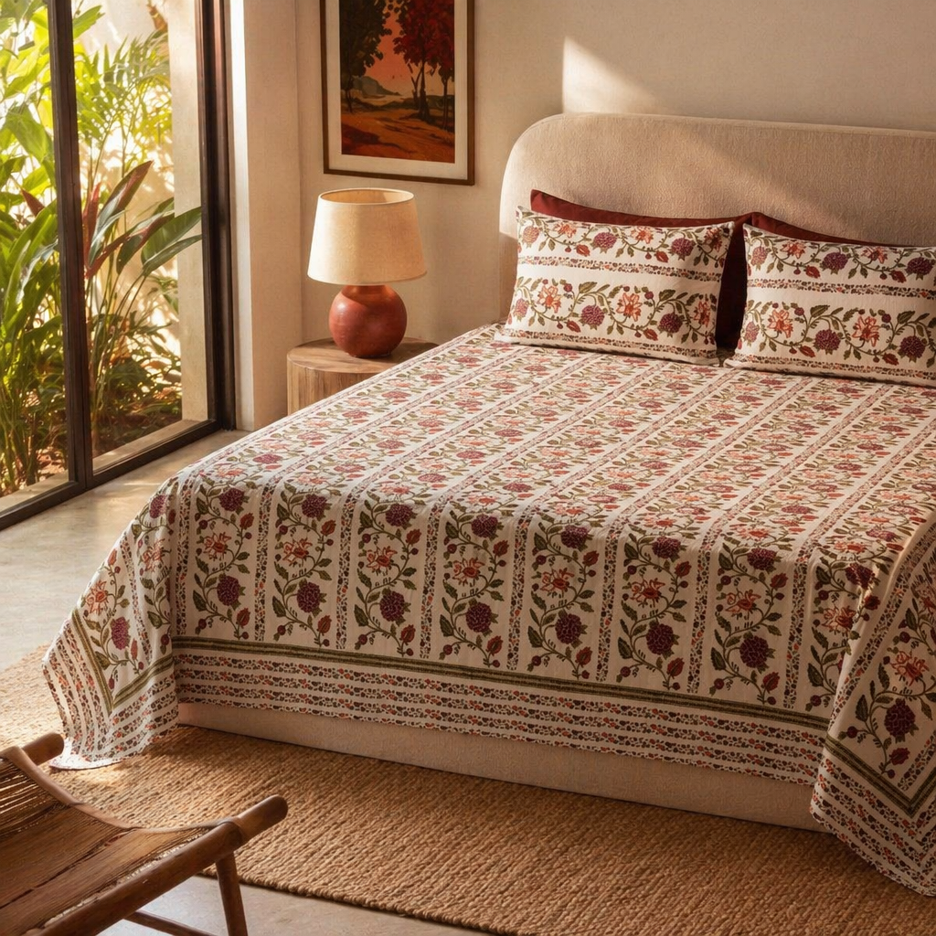 Bel Bagh — Hand Block-Printed Cotton Bedsheet, King Size with 2 Pillow Covers, The Linen Room. Handmade in India by House of Taraasha.