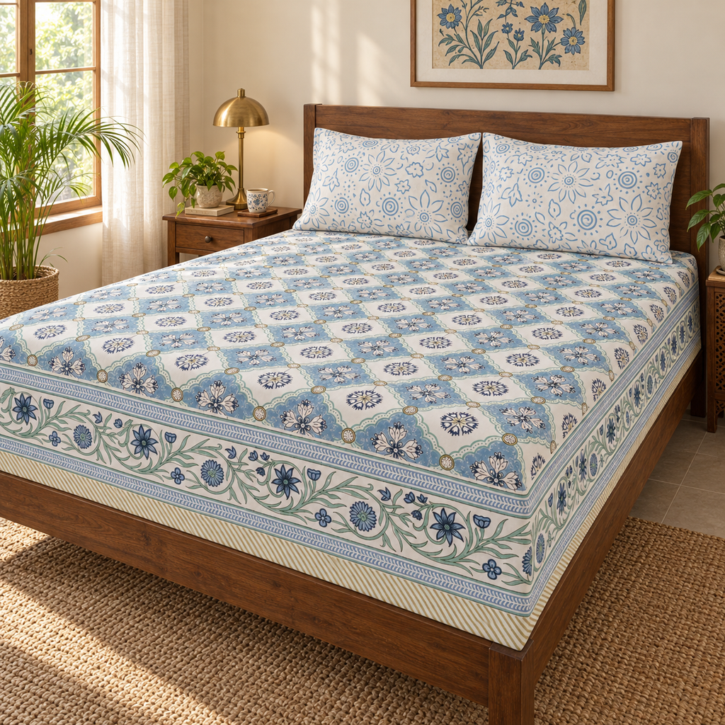 Blue Lattice Bedsheet Set, on a made double bed in a bright bedroom