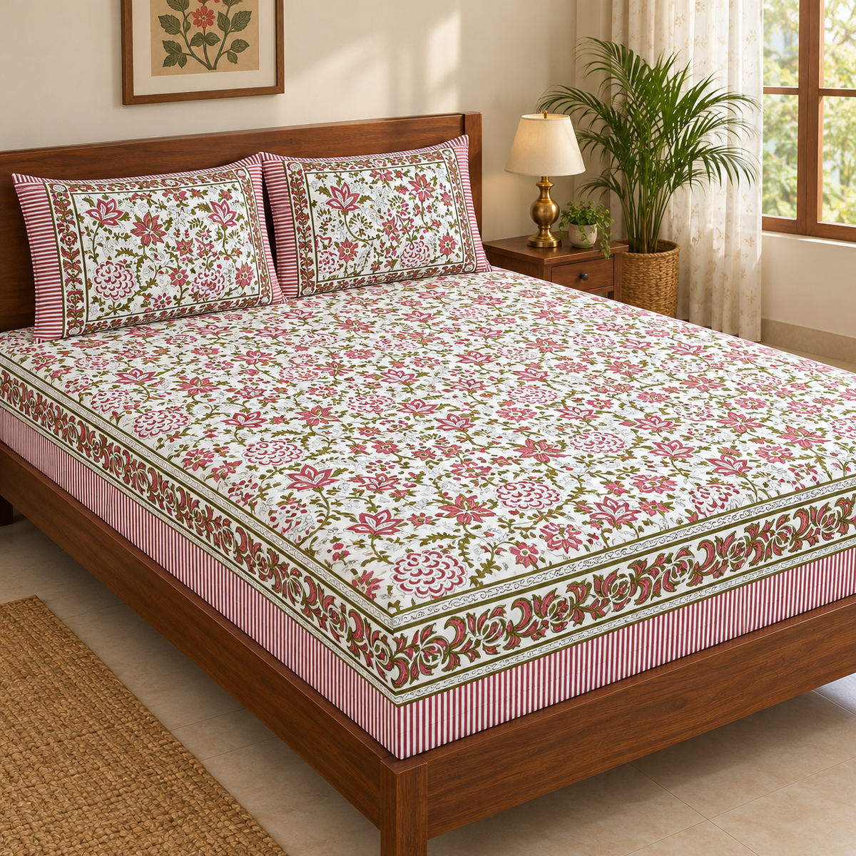 Pink and Green Floral Bedsheet Set, on a made double bed in a bright bedroom