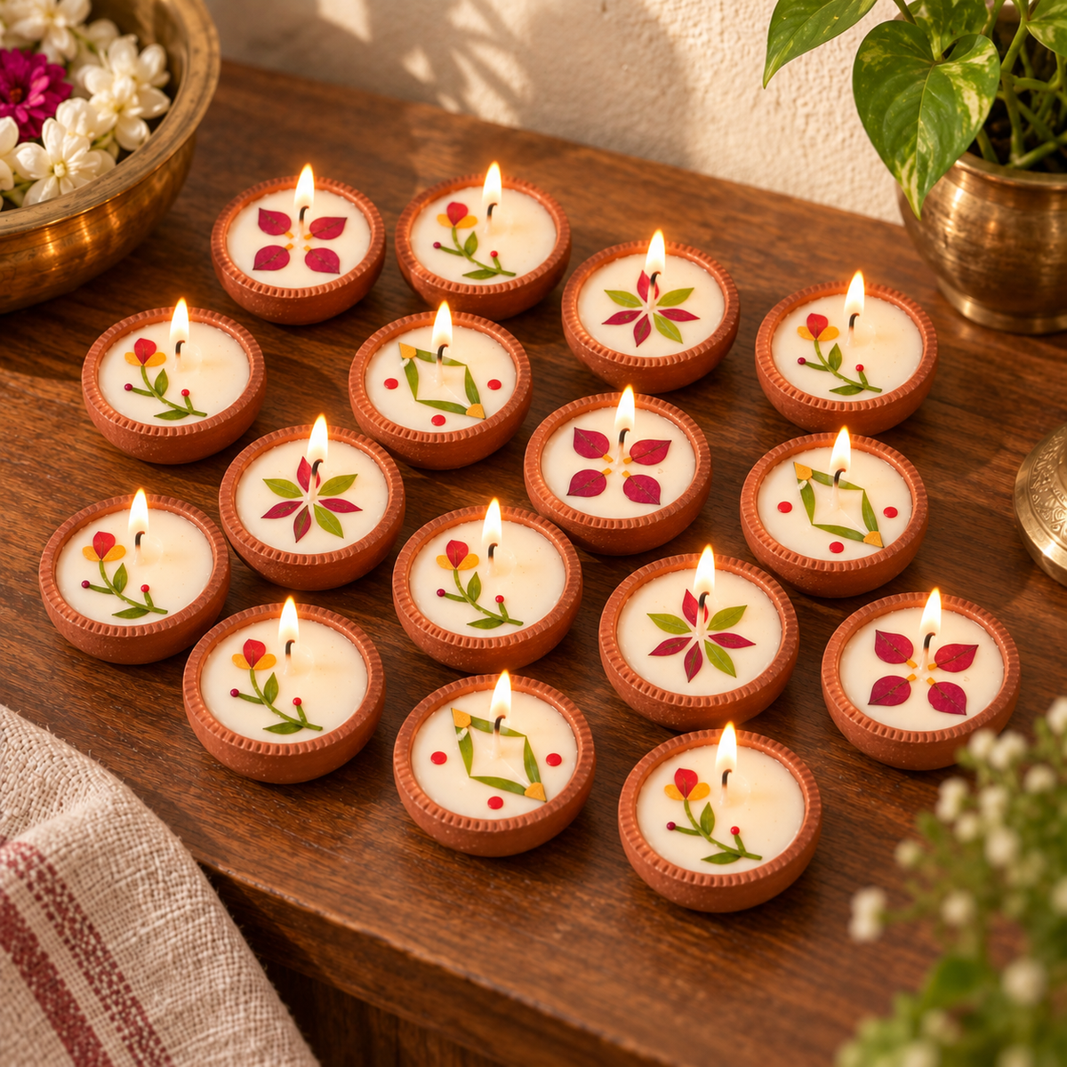 Pressed-Flower Soy Wax Mini Diyas, 1 in, Boxed Sets, in a home in daylight