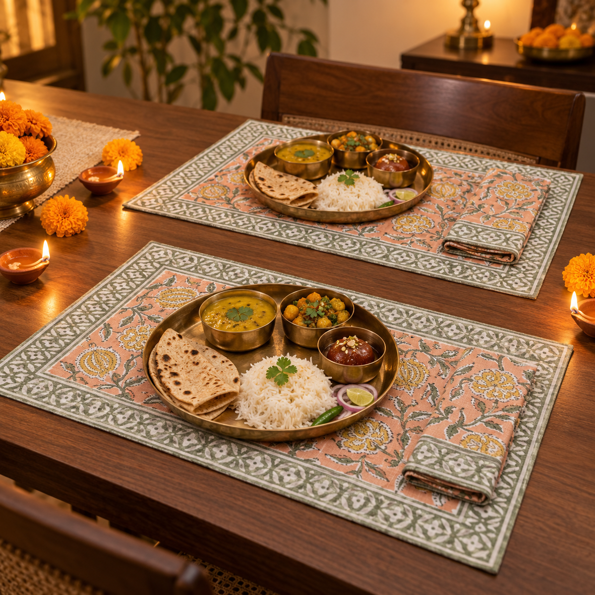 Peach Floral Placemat and Napkin Set of 12, set for a Diwali meal with brass thalis and diyas