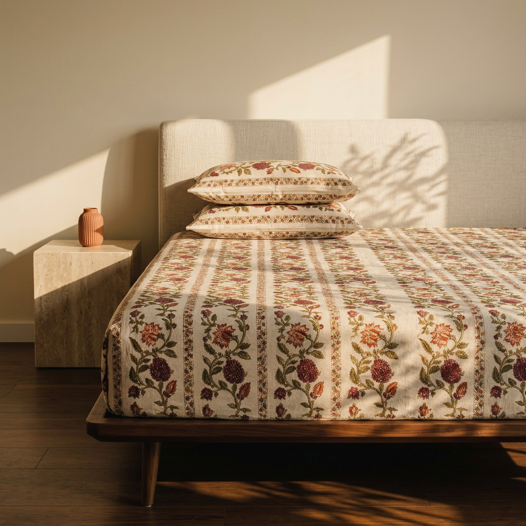 Bel Bagh: Hand Block-Printed Cotton Bedsheet, King Size with 2 Pillow Covers in a modern home