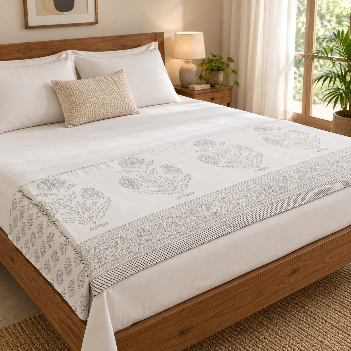 Grey Floral Buta Dohar, folded at the foot of a made bed