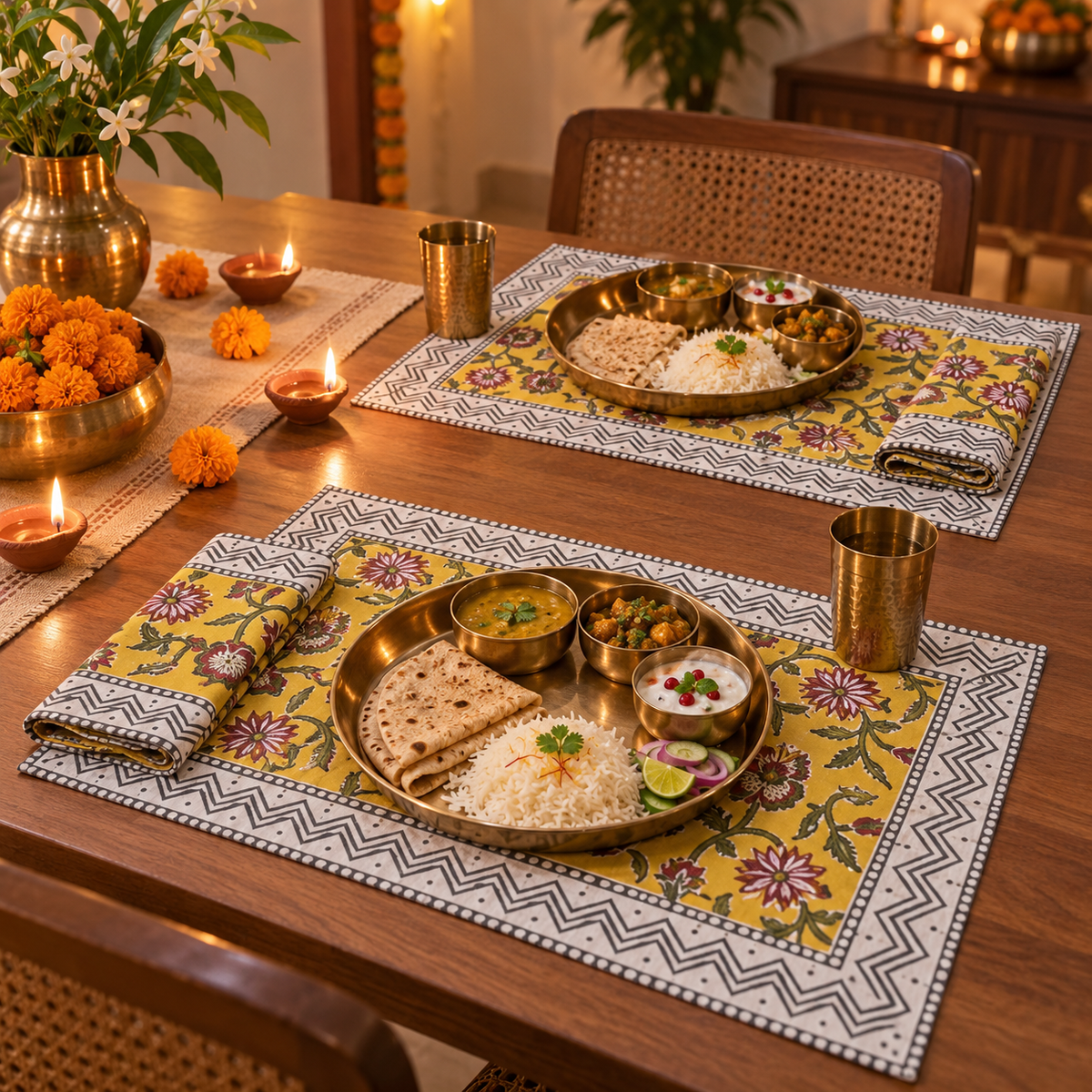 Mustard Floral Chevron Border Placemat and Napkin Set of 12, set for a Diwali meal with brass thalis and diyas