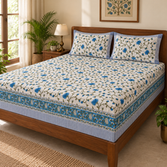 Neel Bel: Blue Floral Vine Bedsheet Set, King Size 108 x 108 in