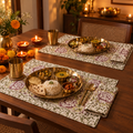 Purple and Green Floral Placemat and Napkin Set of 12, set for a Diwali meal with brass thalis and diyas