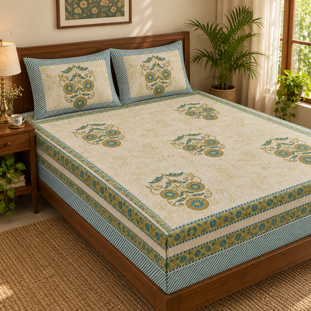 Teal Medallion Floral Bedsheet Set, on a made double bed in a bright bedroom