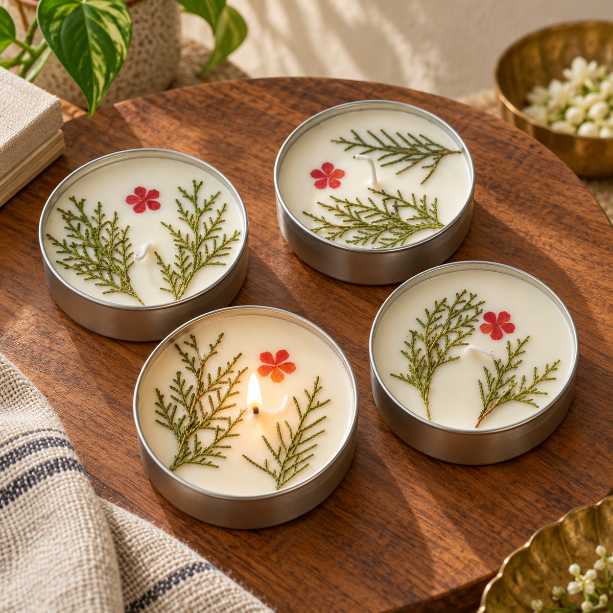 Lemongrass Soy Wax Tin Candles with Dried Flowers, Set of 4, on a teak console in daylight