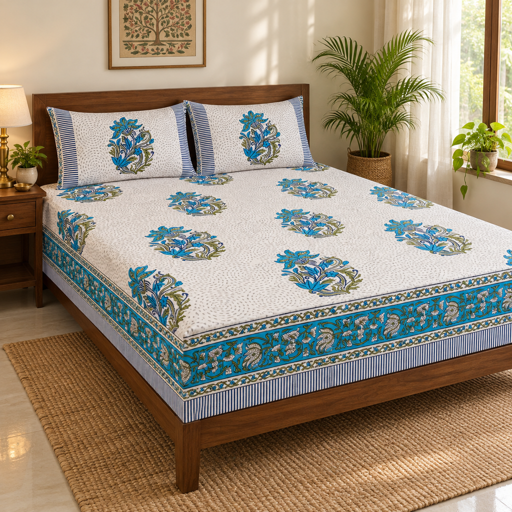 Teal Blue Floral Bedsheet Set, on a made double bed in a bright bedroom