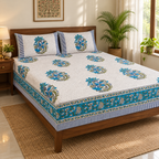 Teal Blue Floral Bedsheet Set, on a made double bed in a bright bedroom