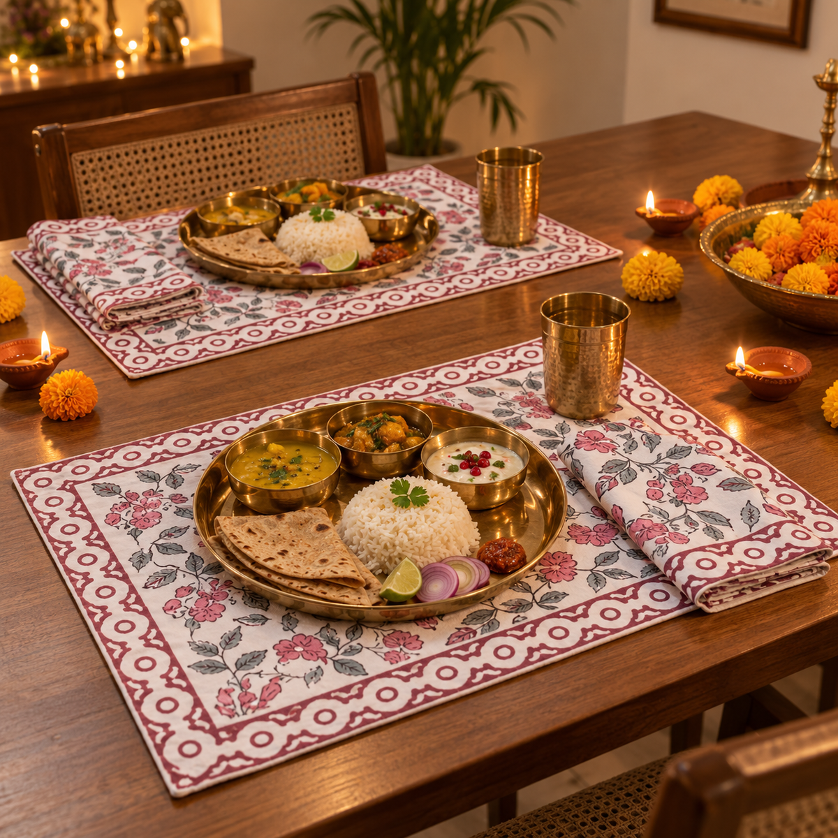 Pink and Maroon Floral Placemat and Napkin Set of 12, set for a Diwali meal with brass thalis and diyas