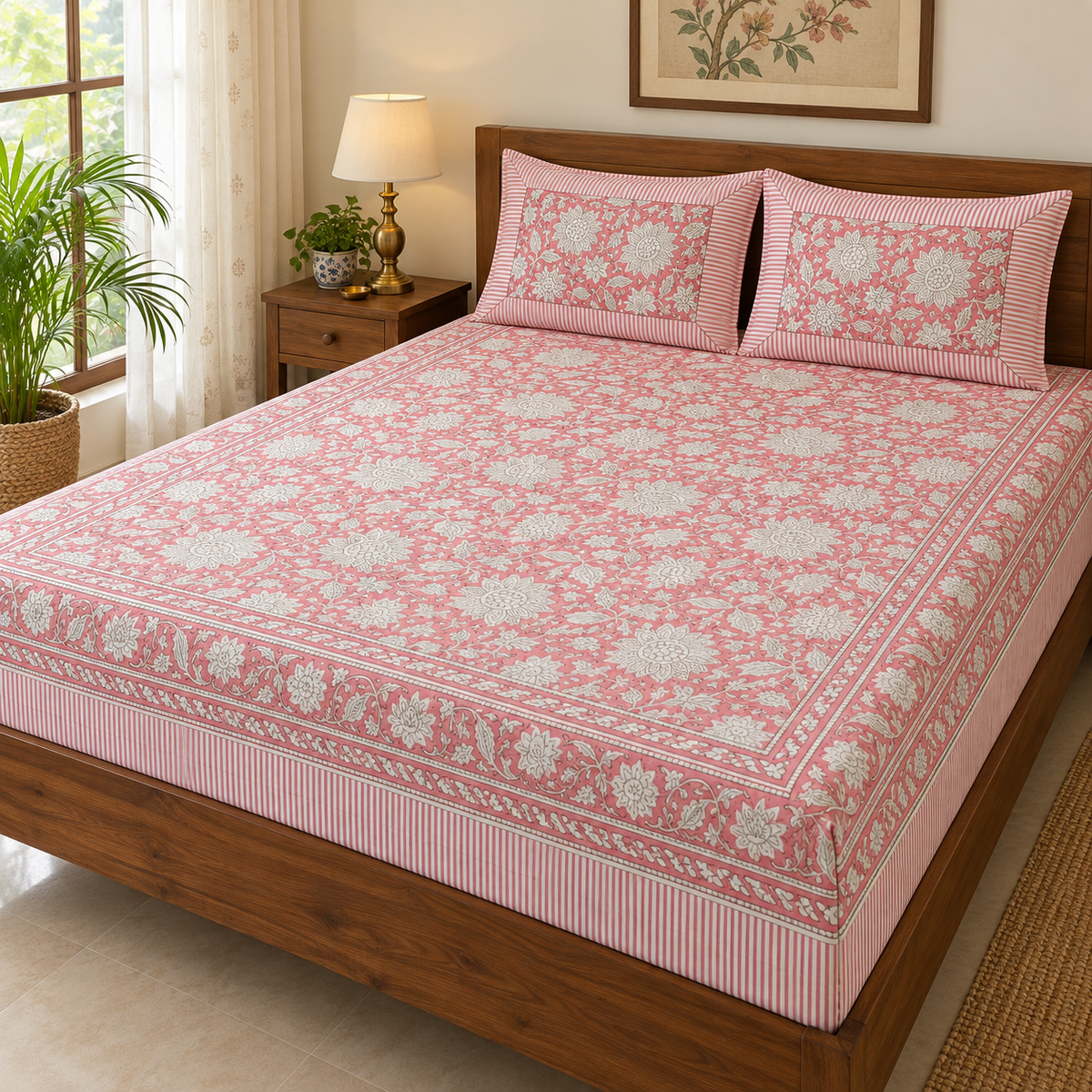 Pink Floral Jaal Bedsheet Set, on a made double bed in a bright bedroom