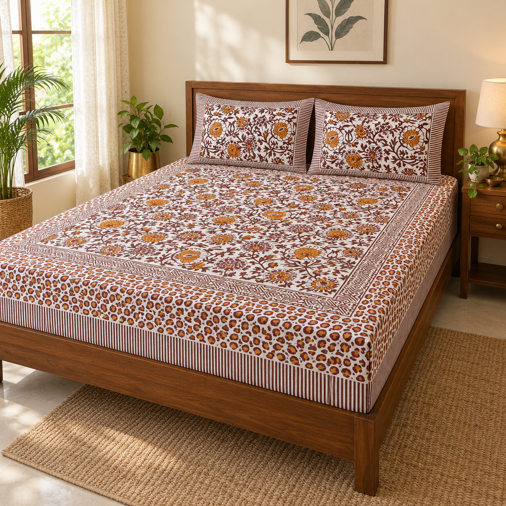 Rust Floral Bedsheet Set, on a made double bed in a bright bedroom