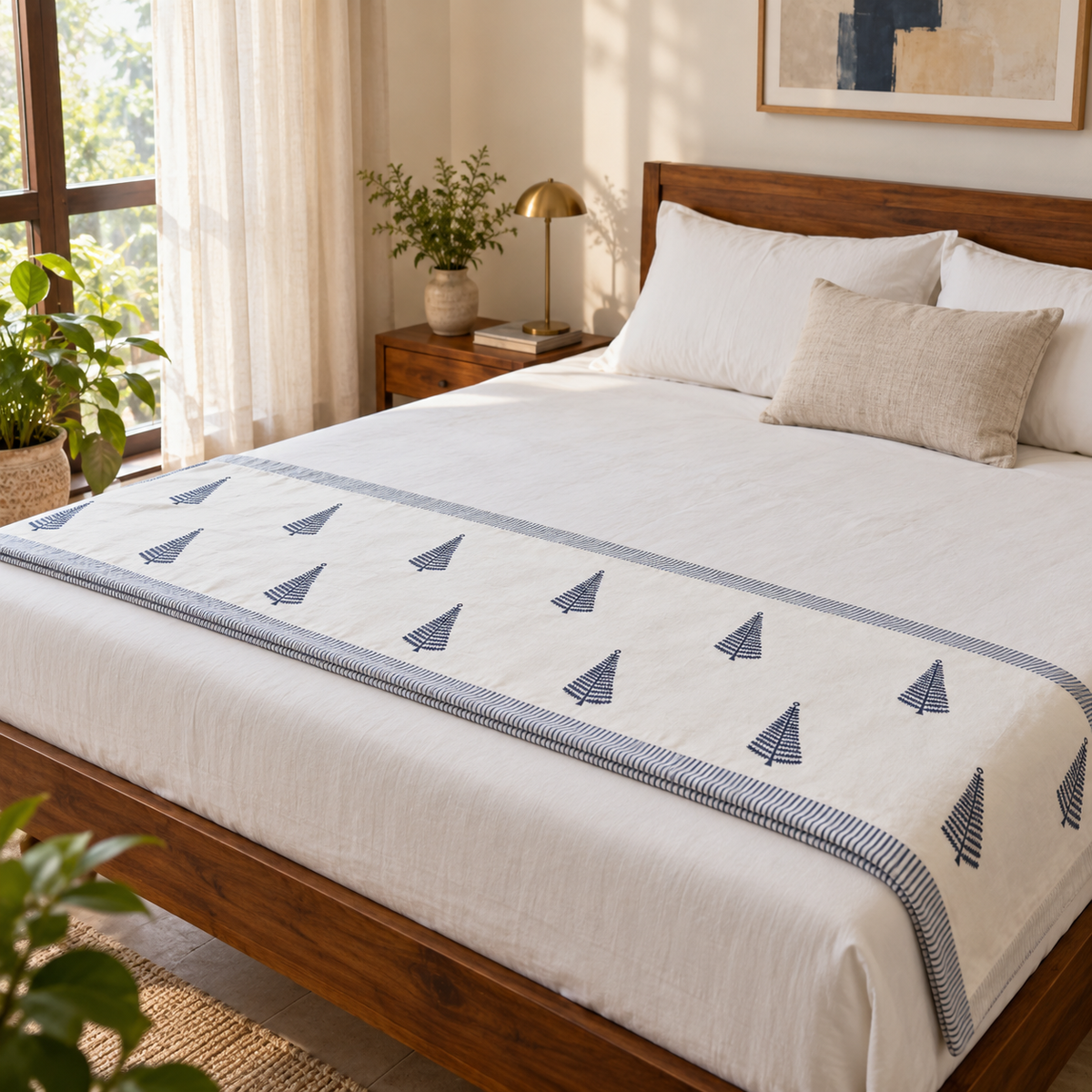 Navy Tree Motif Dohar, folded at the foot of a made bed