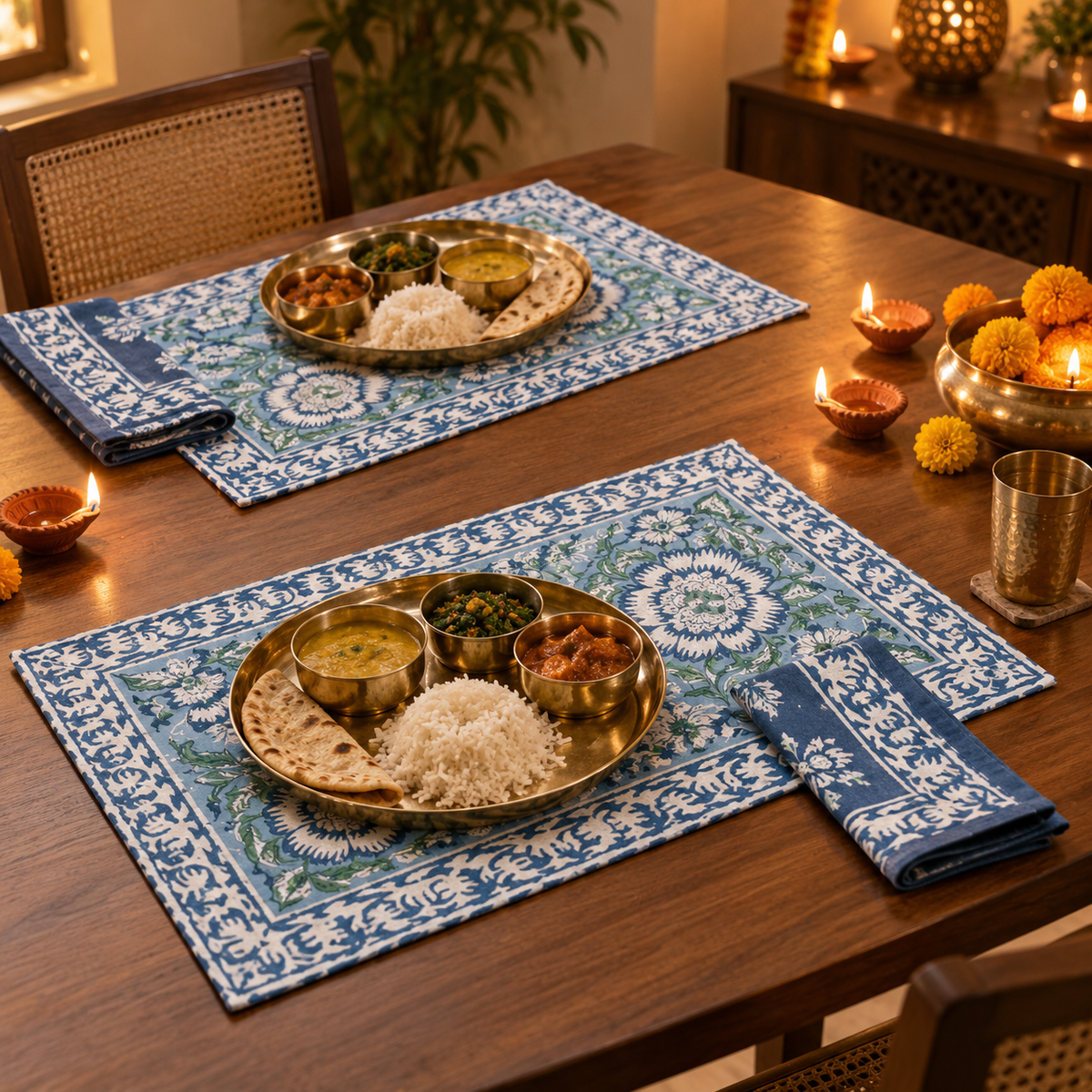 Light Blue Floral Placemat and Napkin Set of 12, set for a Diwali meal with brass thalis and diyas