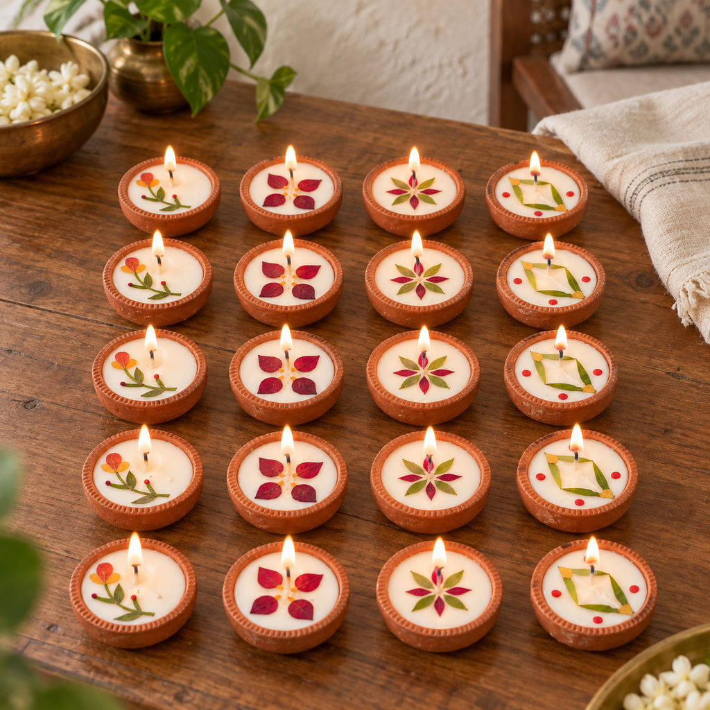 Soy Wax Dried-Flower Diyas, 4 Boat and 16 Round, in a home in daylight