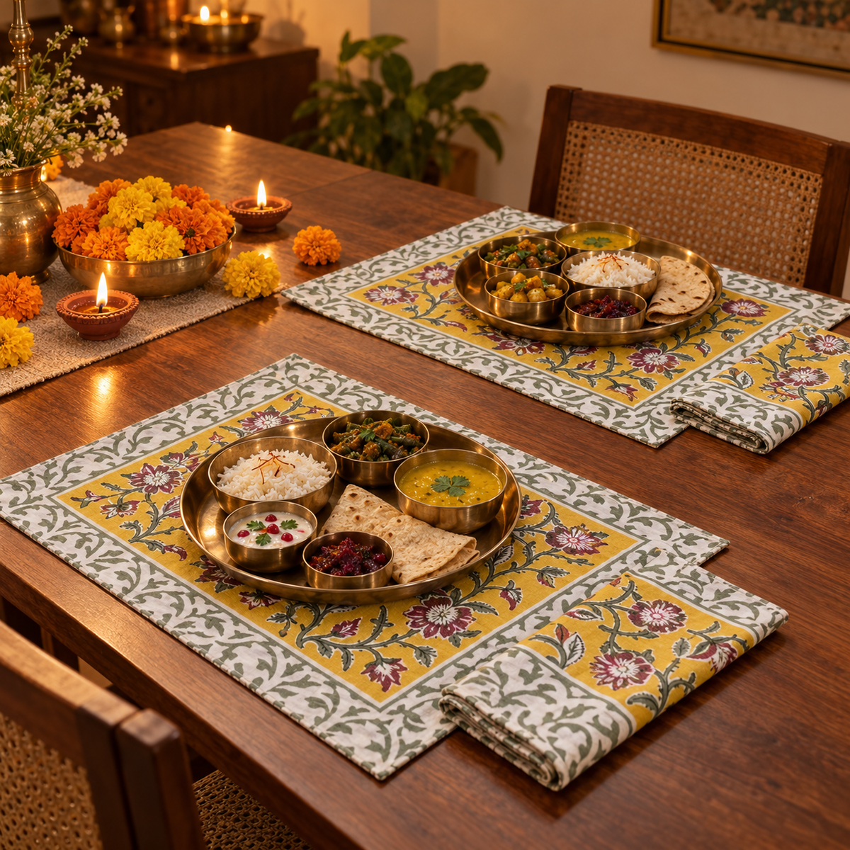 Turmeric Yellow Floral Placemat and Napkin Set of 12, set for a Diwali meal with brass thalis and diyas