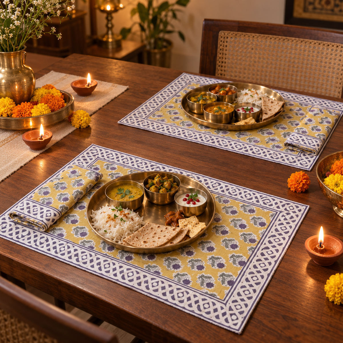 Mustard Floral Placemat and Napkin Set of 12, set for a Diwali meal with brass thalis and diyas