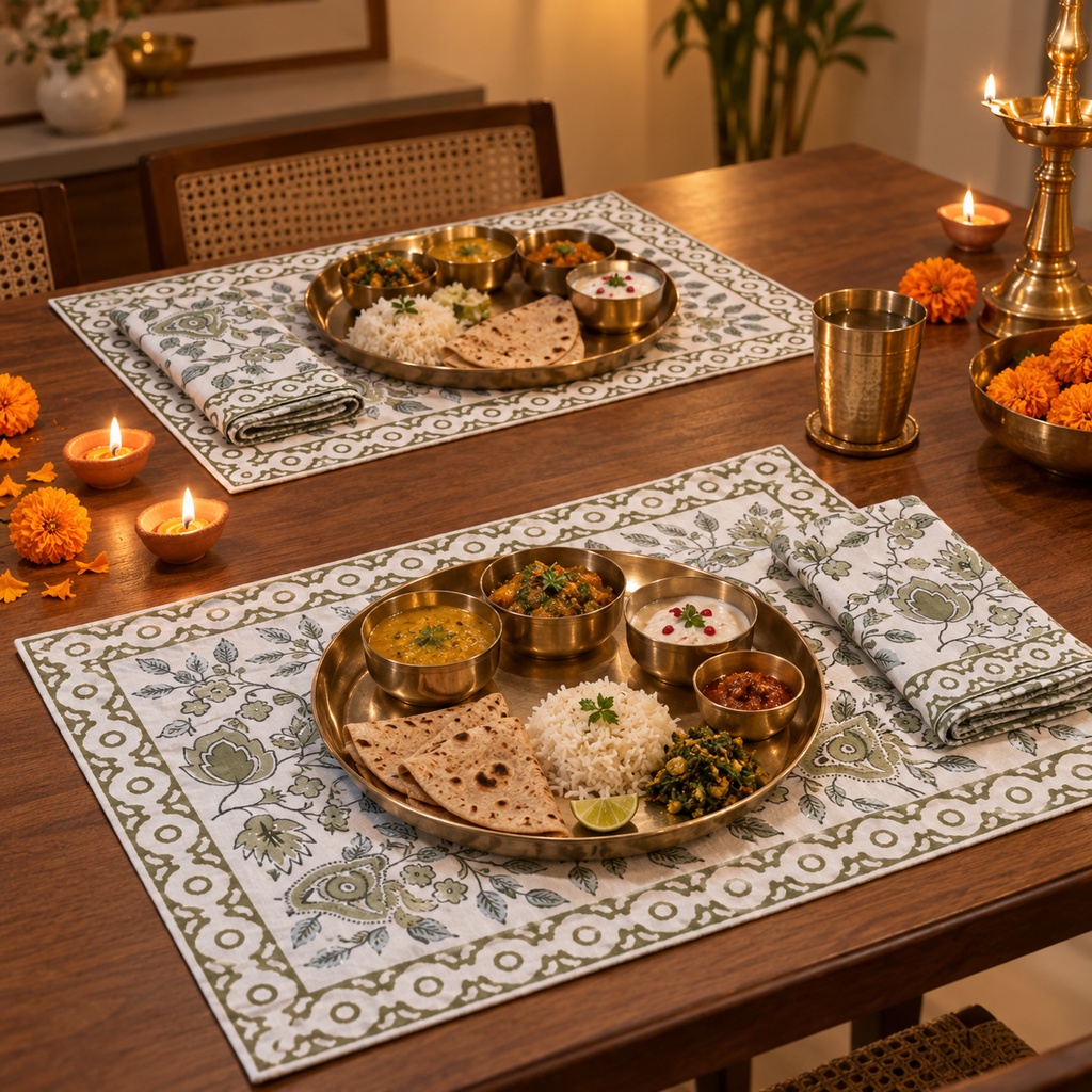 Olive Green Floral Placemat and Napkin Set of 12, set for a Diwali meal with brass thalis and diyas