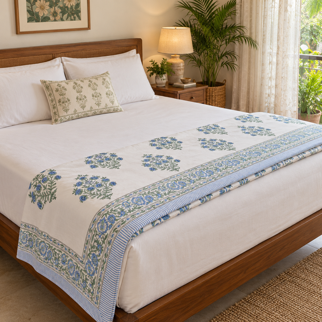 Blue Floral Bunch Dohar, folded at the foot of a made bed