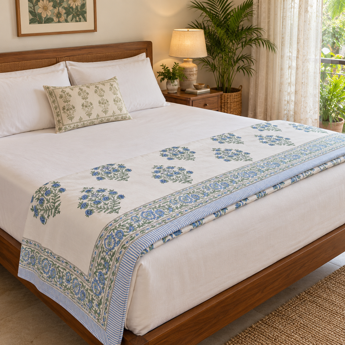 Blue Floral Bunch Dohar, folded at the foot of a made bed