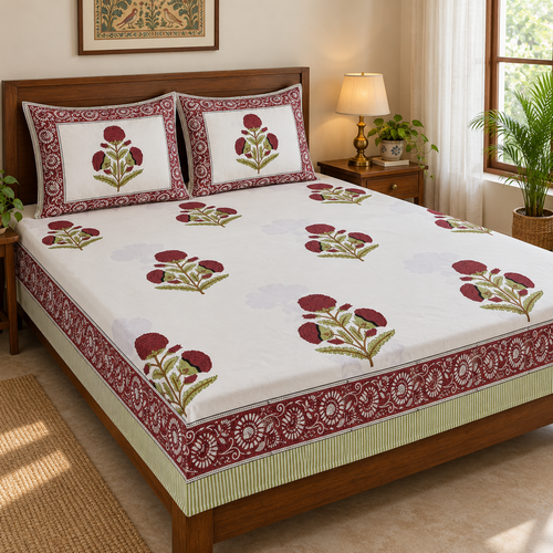 Maroon Floral Buta Bedsheet Set, on a made double bed in a bright bedroom